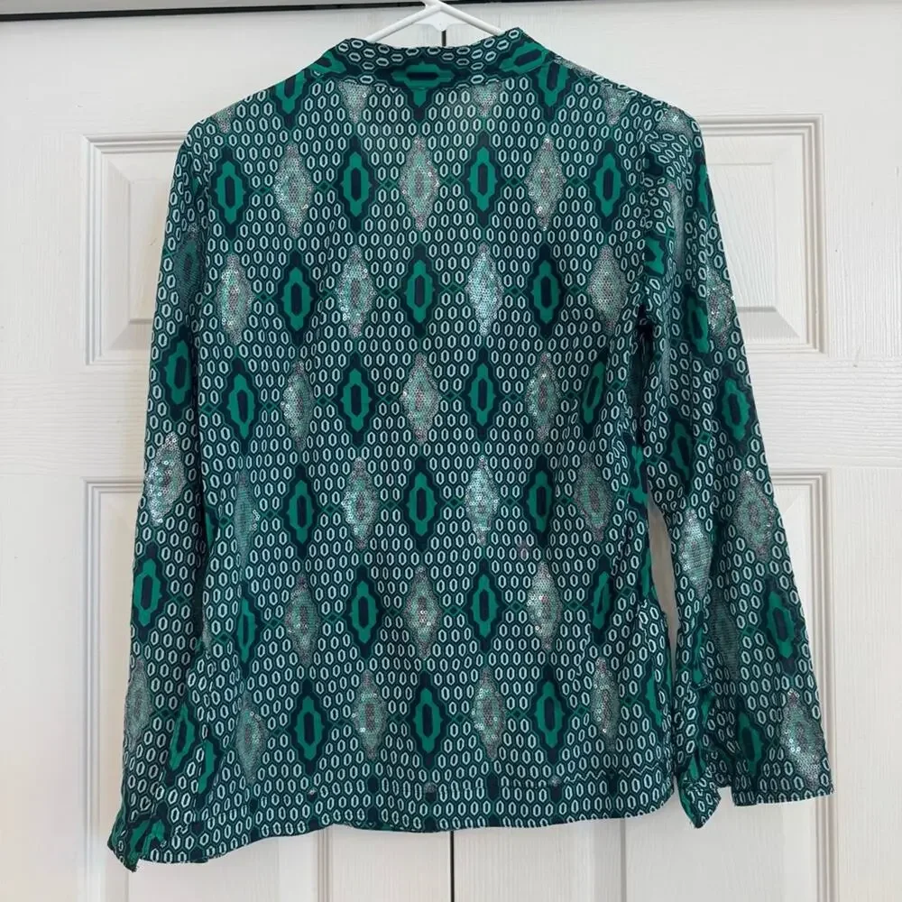 Tory Burch Women's Geometric Sequin 3/4 Sleeve‎ V Neck Tunic Sz 4 Green, Sparkle